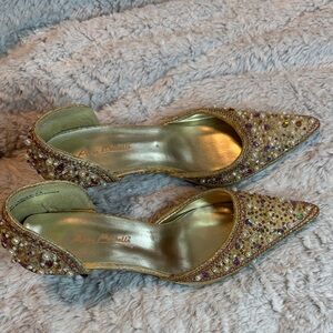 Anne Michelle Gold Pointed D'Orsay Heels with Multicolor Bead Embellishments